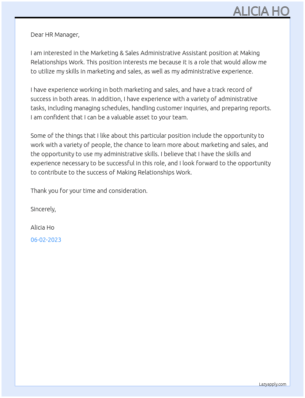 Marketing & Sales Administrative Assistant. At Making Relationships Work Cover Letter
