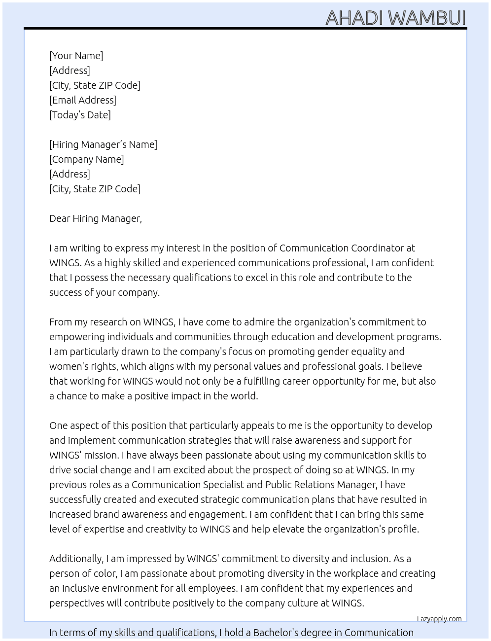 Communication Coordinator At WINGS Cover Letter