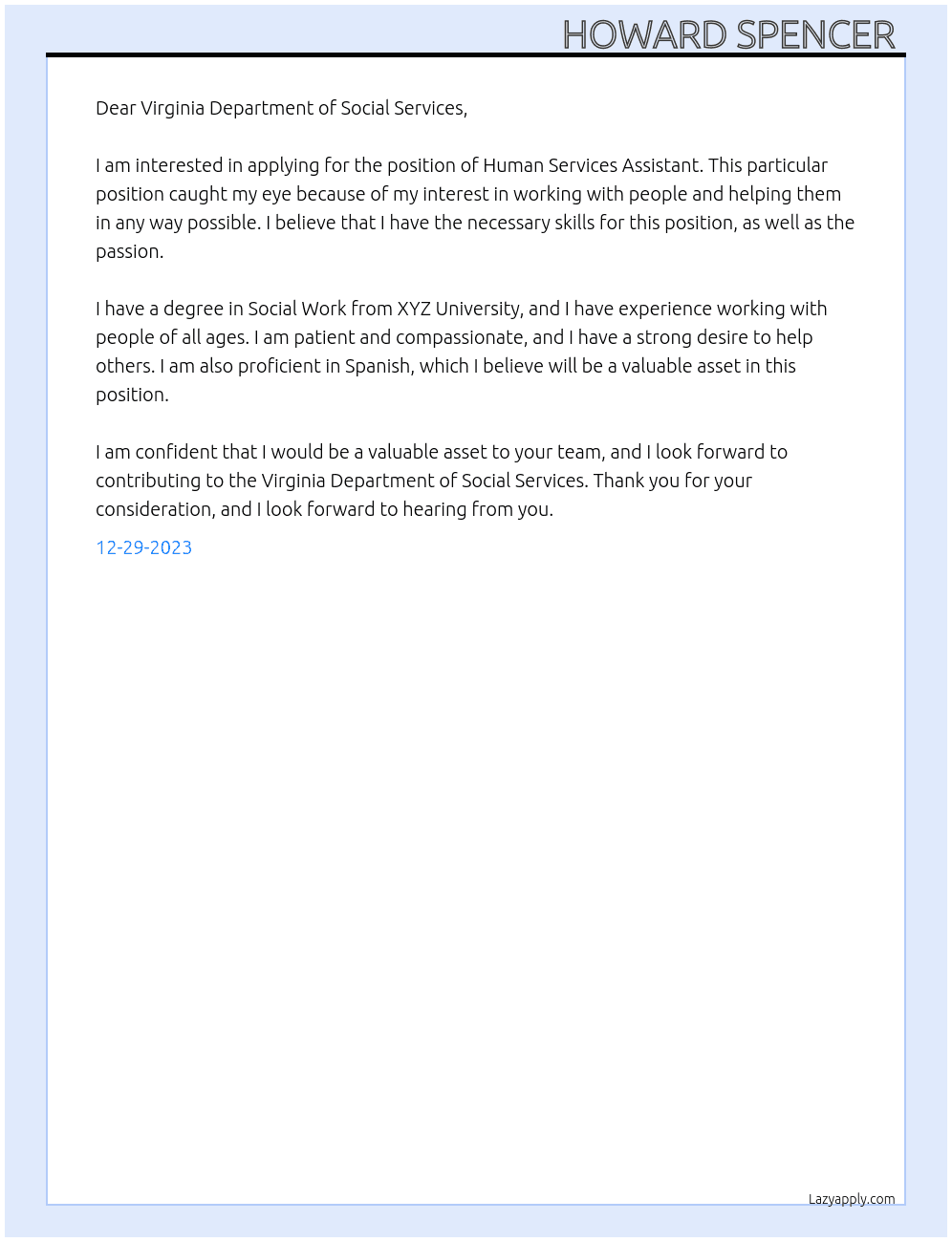 Human Services Assistant At Virginia Department of Social Services Cover Letter