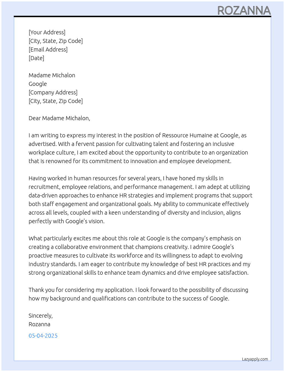 Cover letter for ressource humaine - LazyApply
