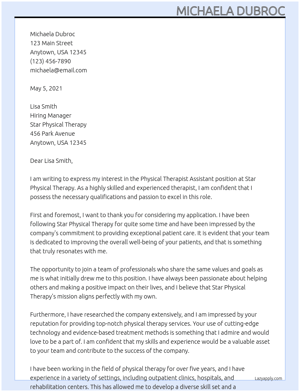 Physical therapist assistant  At Star physical therapy  Cover Letter