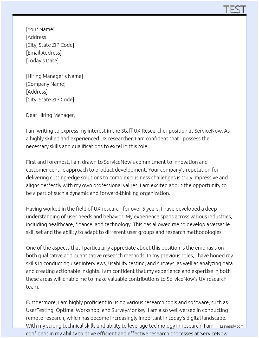 Staff UX Researcher At ServiceNow Cover Letter
