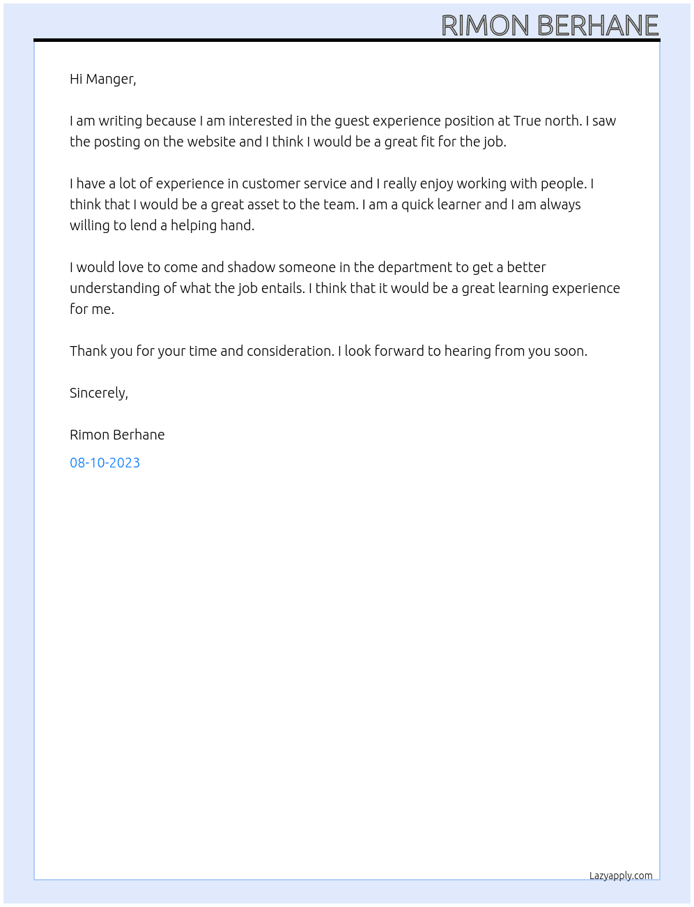 guest experience  At True north  Cover Letter