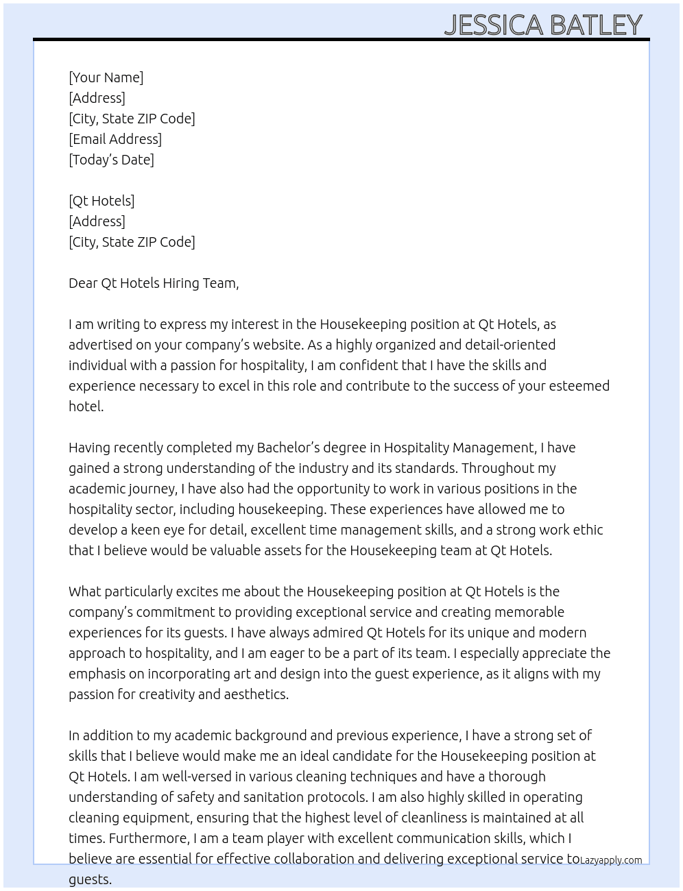 House keeping At Qt hotels Cover Letter