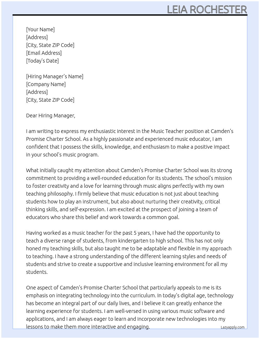 Music Teacher At Camden's Promise Charter School Cover Letter