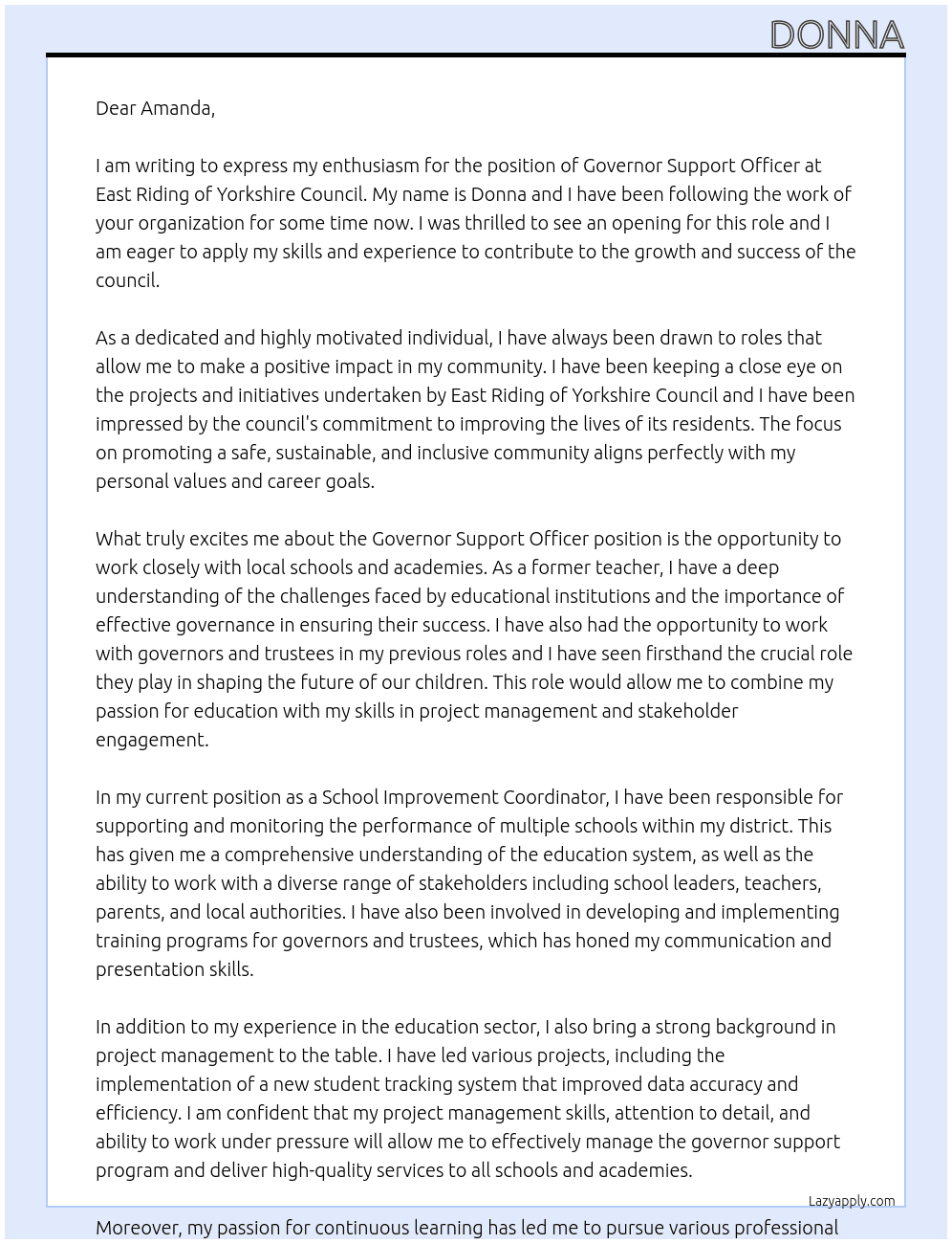 Governor support officer At East Riding of Yorkshire council Cover Letter
