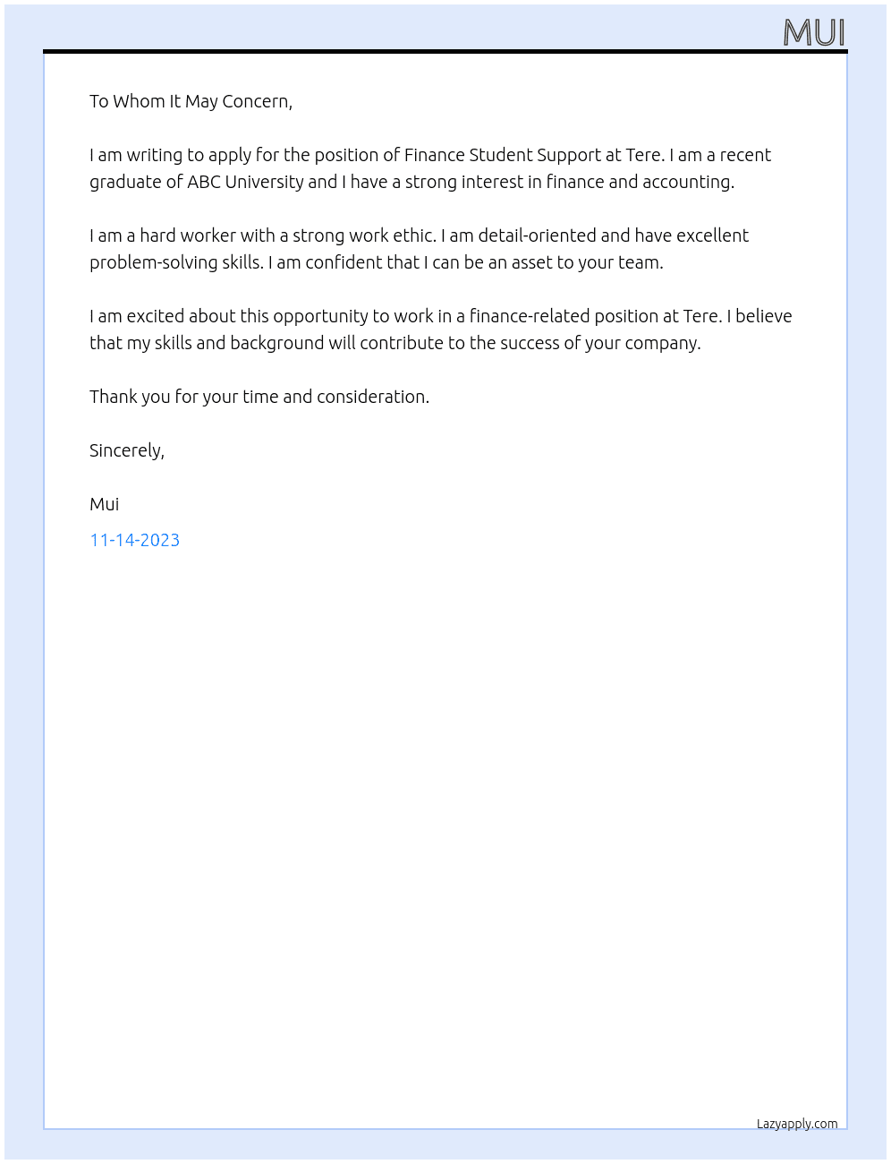 FINANCE STUDENT SUPPORT At tere Cover Letter