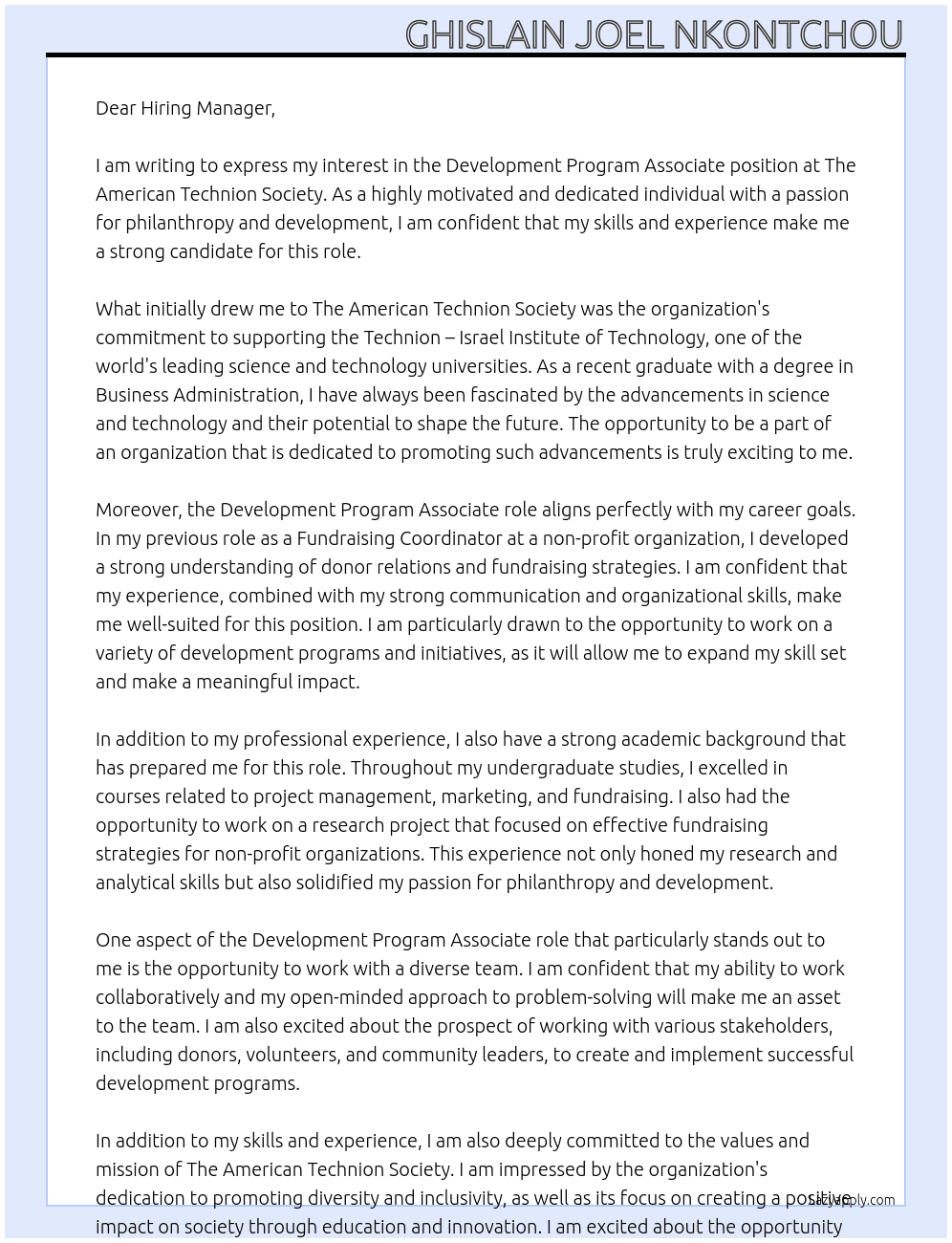 Cover letter for development program associate - LazyApply