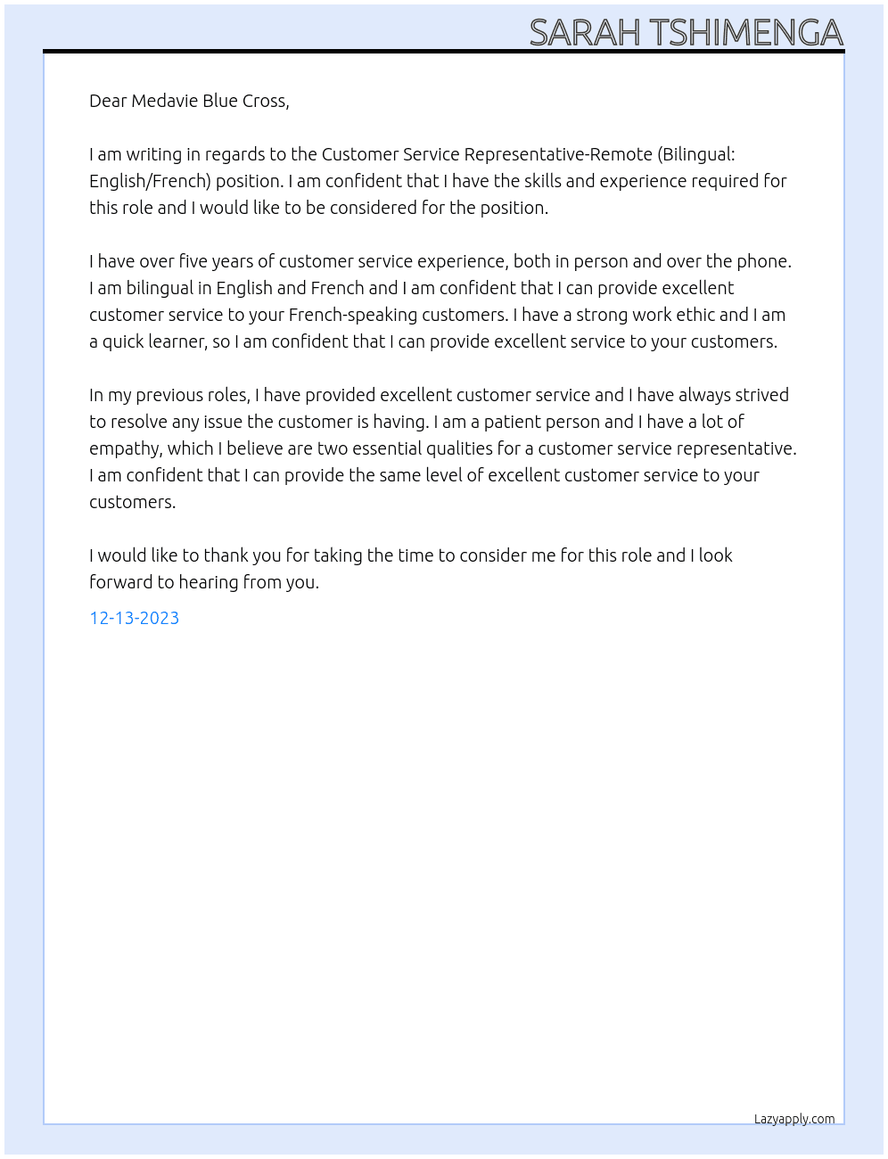 Customer Service Representative-Remote (Bilingual: English/French) At Medavie Blue Cross Cover Letter