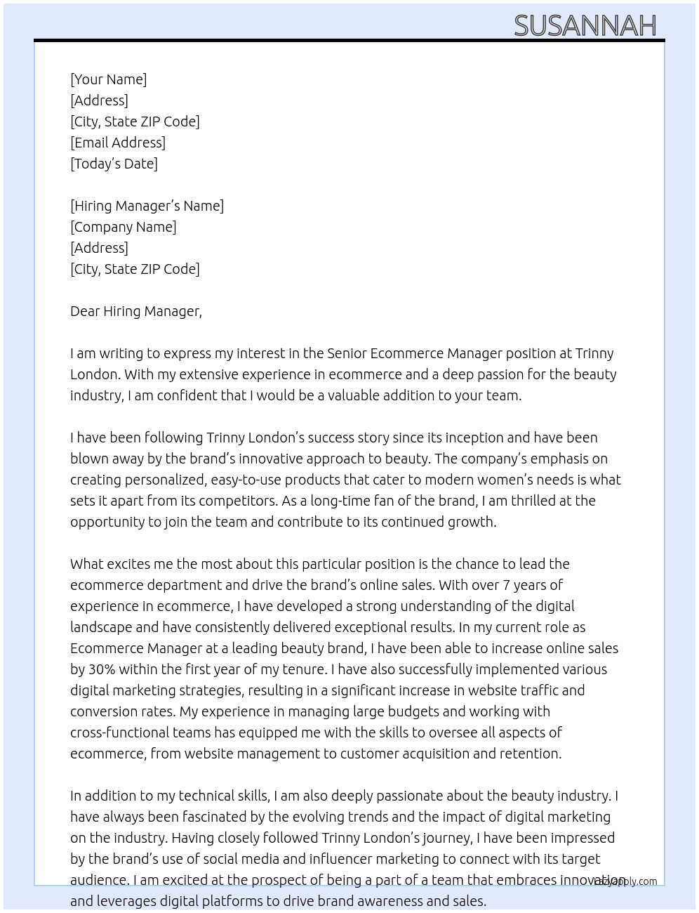 Senior Ecommerce manager  At Trinny London  Cover Letter