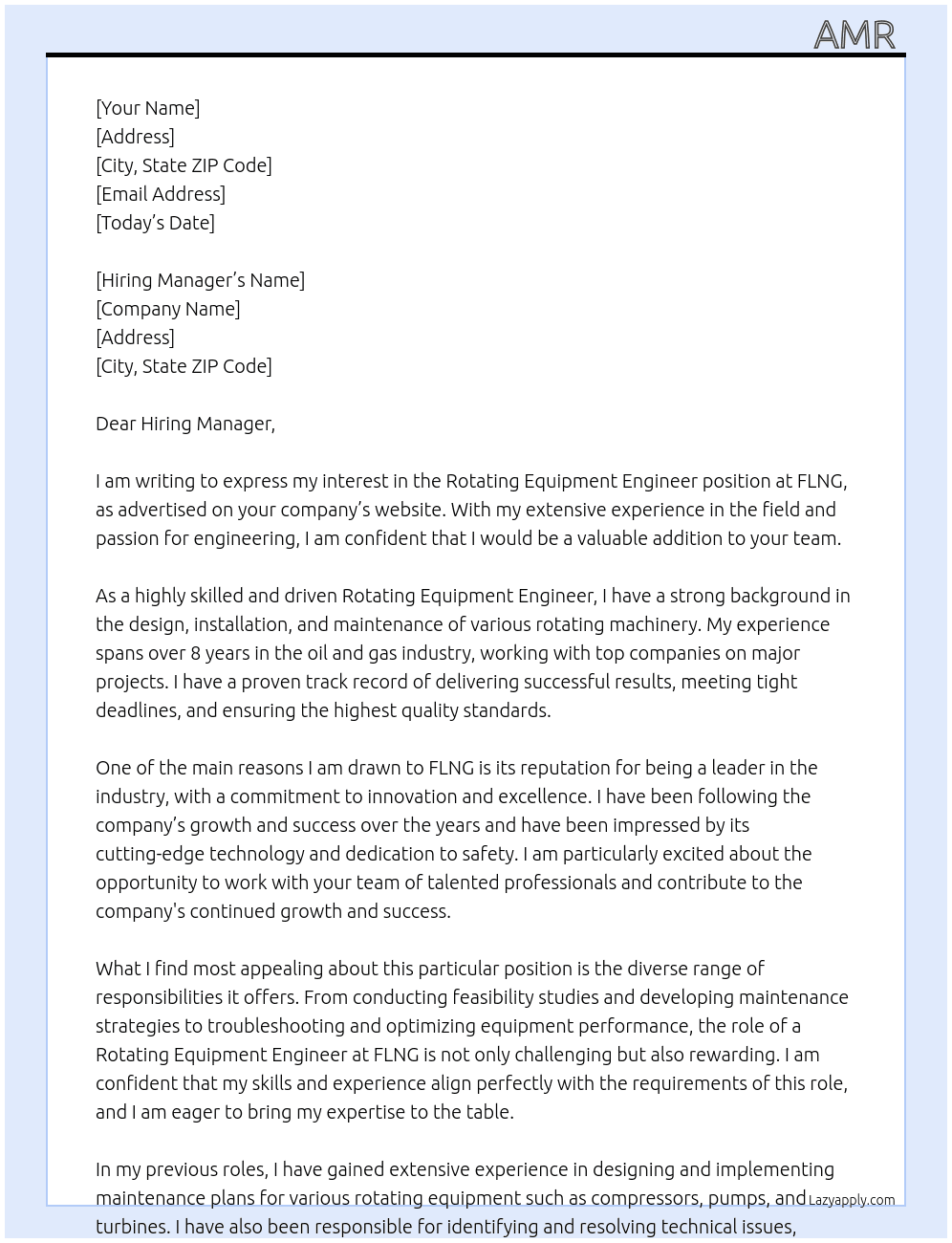 rotating equipment engineer At FLNG Cover Letter