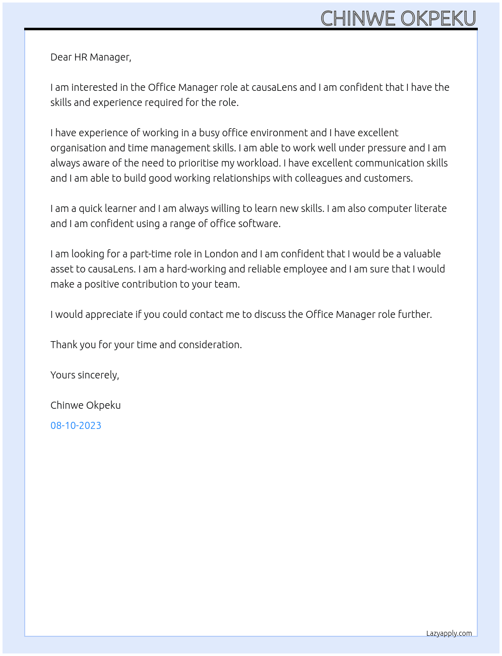 Office manager At causaLens  Cover Letter