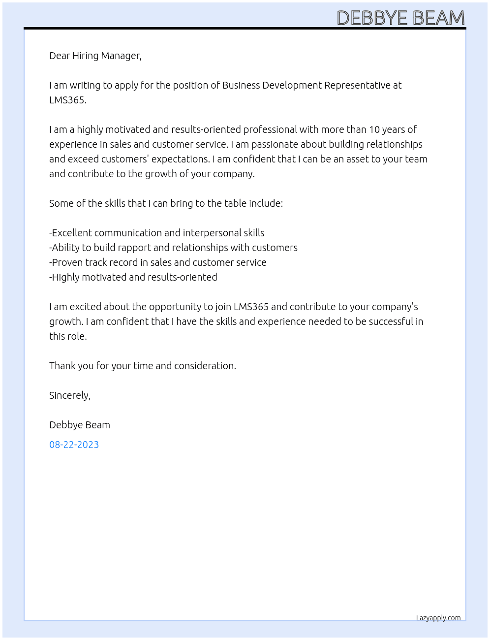 Business Development Representative At LMS365 Cover Letter