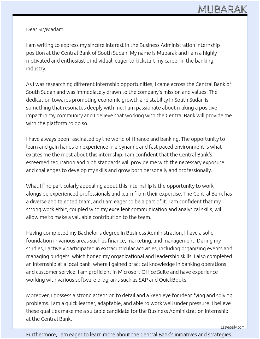 business administration internship At central bank of south sudan  Cover Letter
