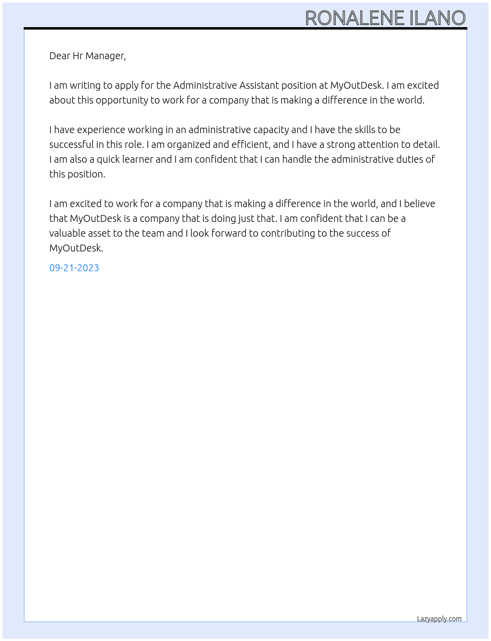 Administrative Assistant At MyOutDesk Cover Letter