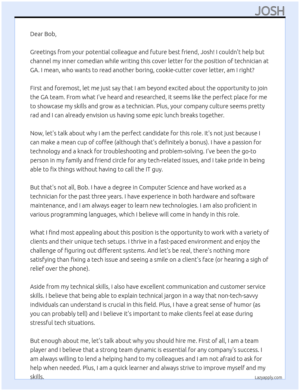 technician At GA Cover Letter