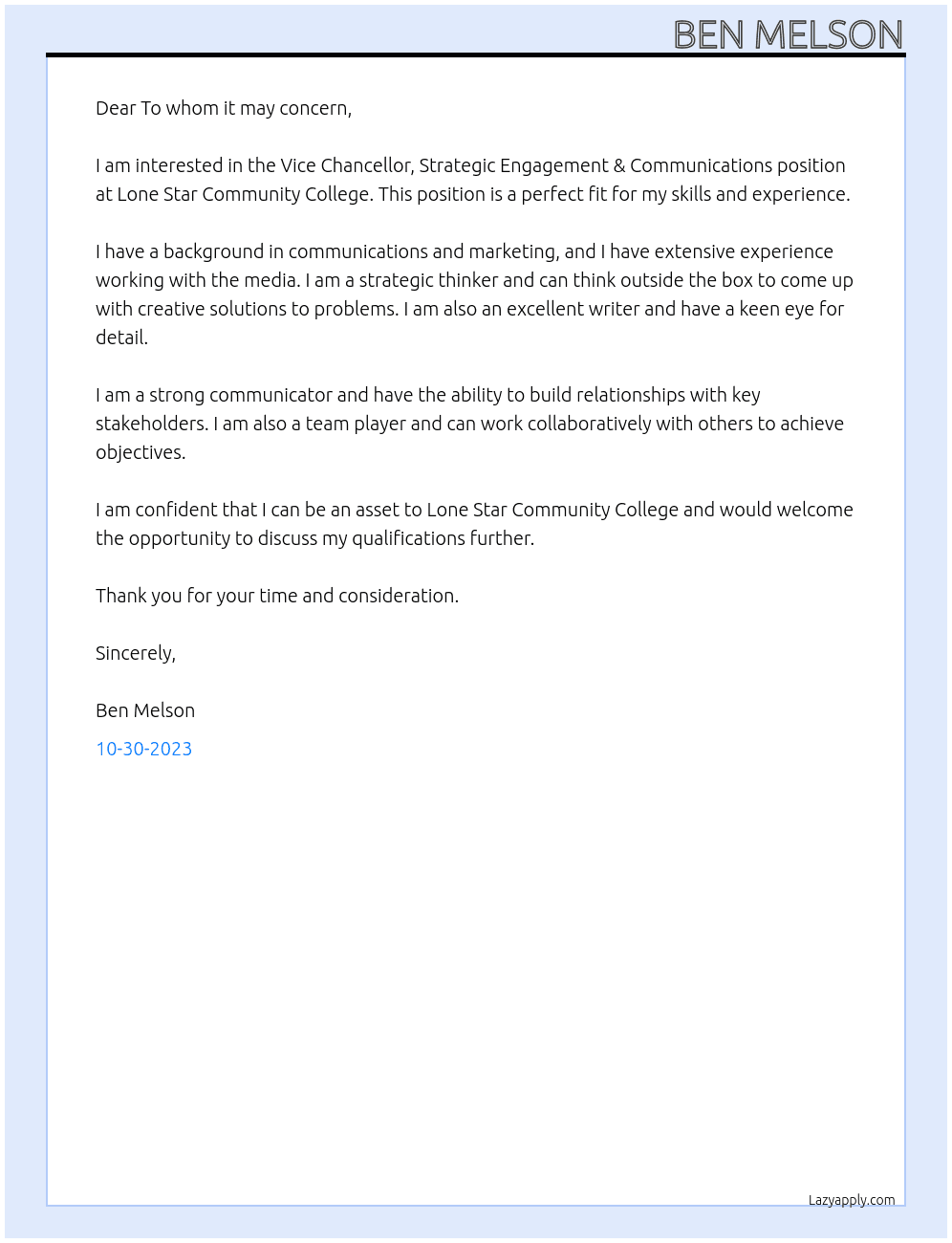 Vice Chancellor, Strategic Engagement & Communications At Lone Star Community College Cover Letter
