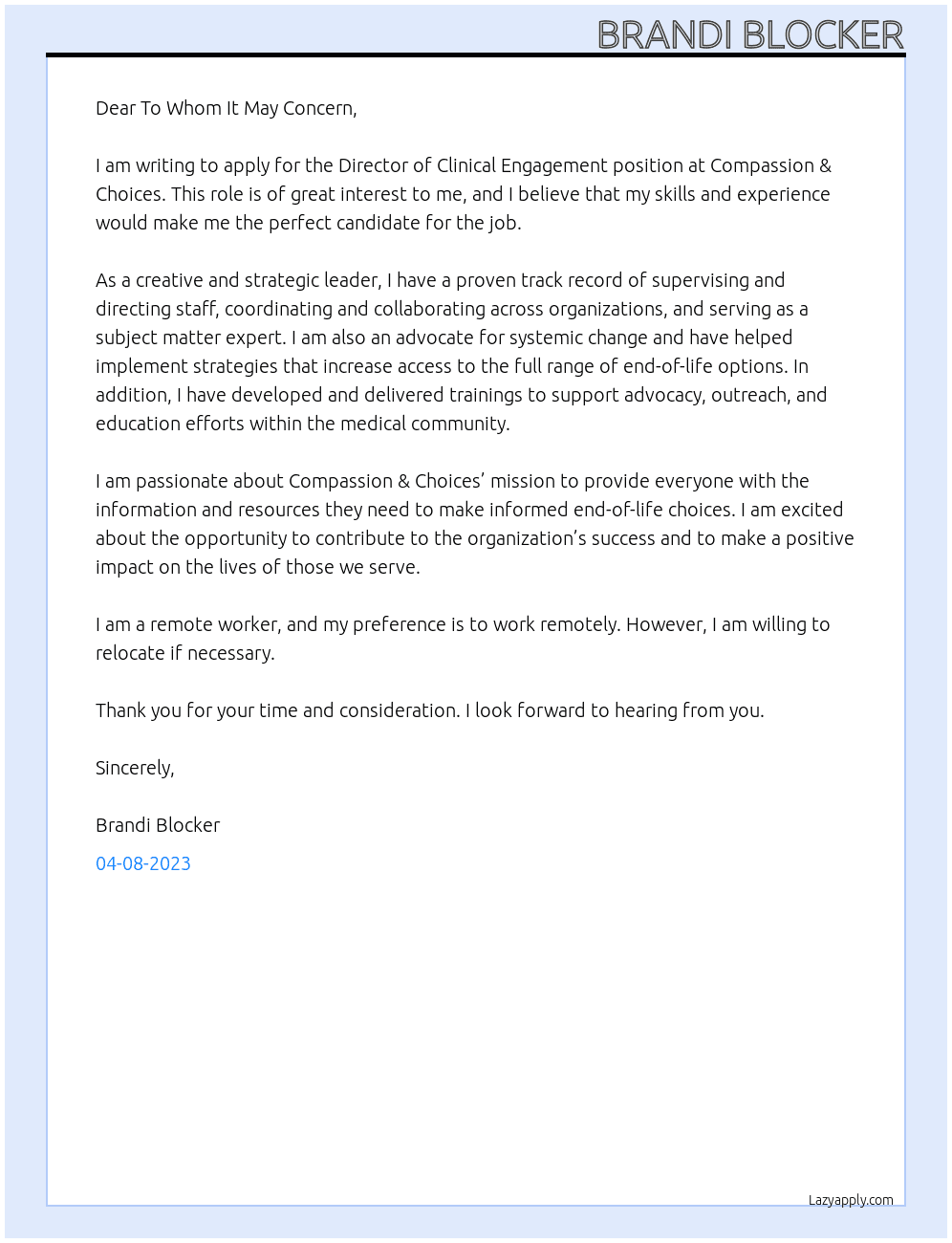 Director of Clinical Engagement At Compassion & Choices Cover Letter