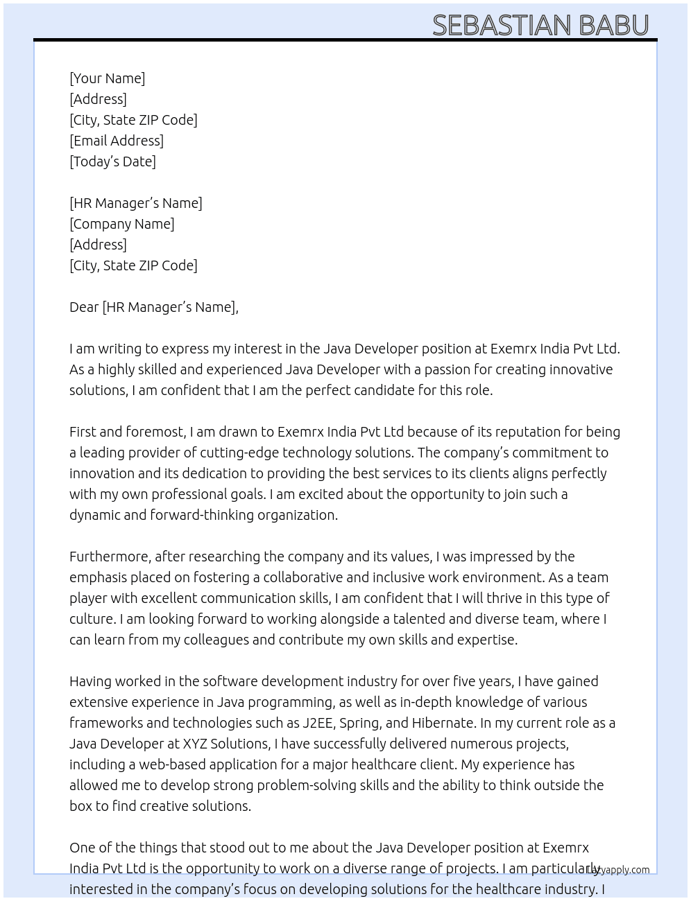 Java Developer At Exemrx India Pvt Ltd Cover Letter