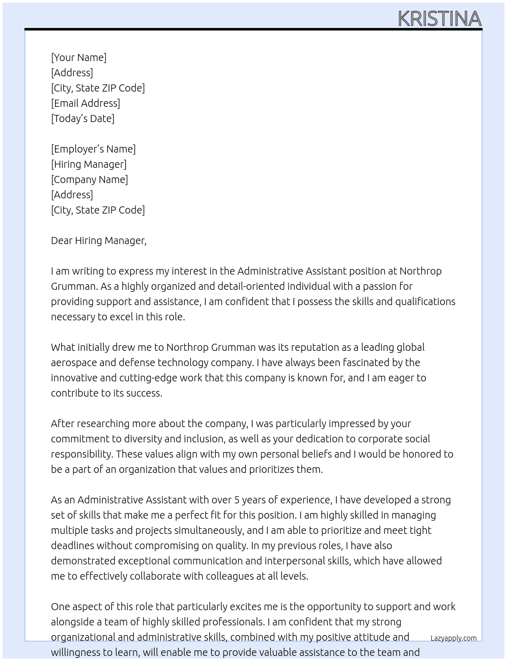 Administrative assistant  At Northup Grumman Cover Letter