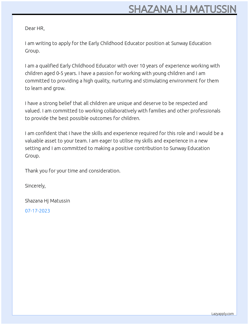 Early Childhood Educator At Sunway Education Group Cover Letter