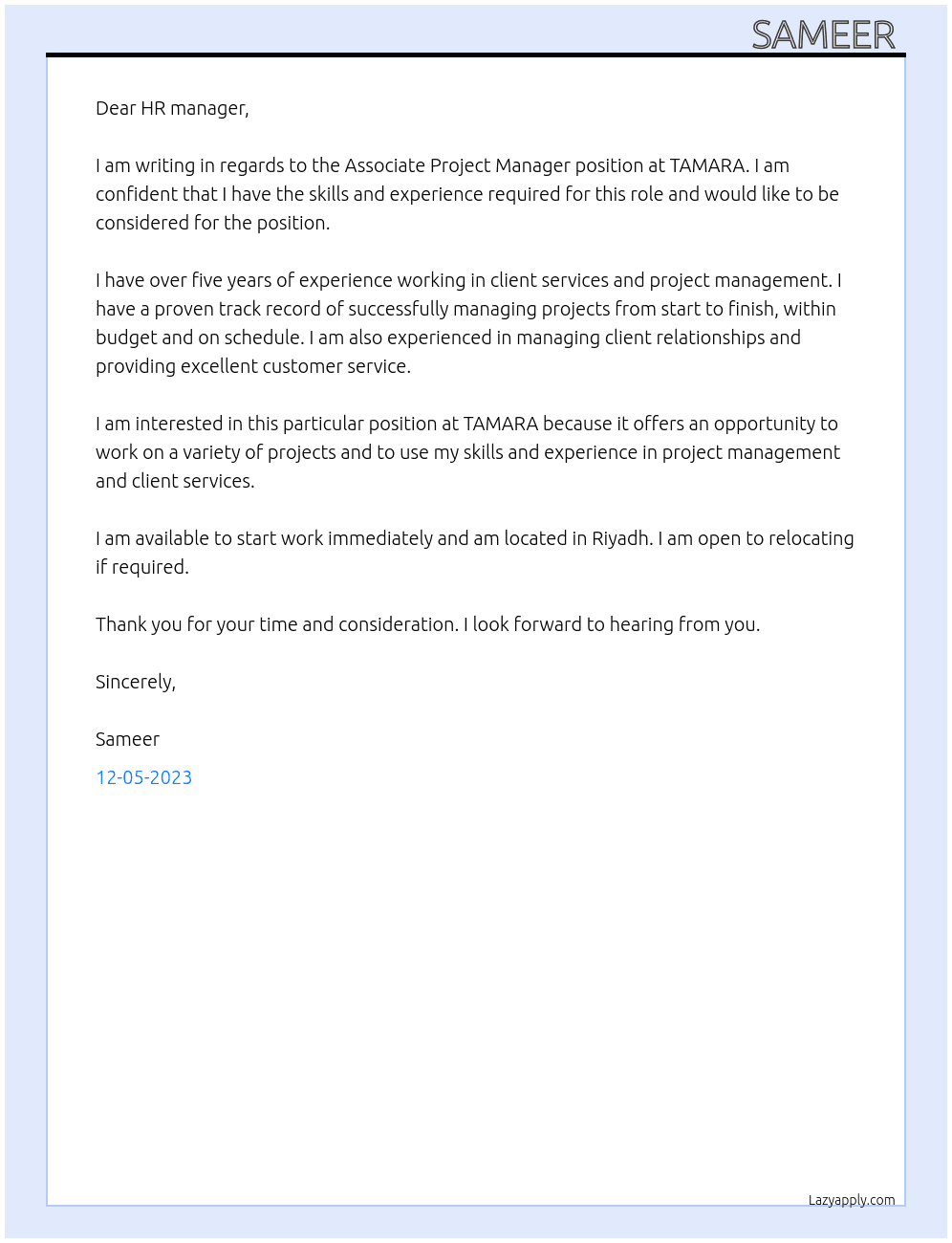 Associate project manager At TAMARA Cover Letter