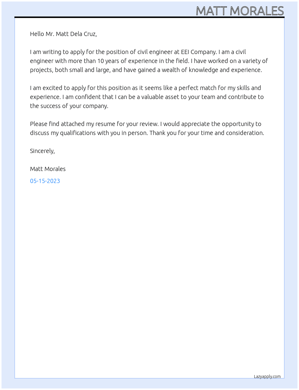 civil engineer At EEI Company Cover Letter