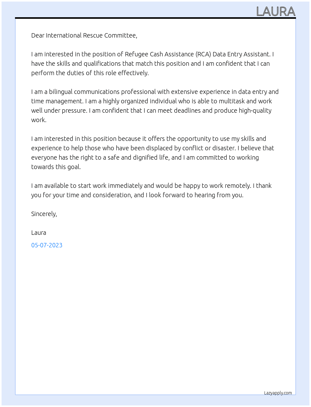 Refugee Cash Assistance (RCA) Data Entry Assistant At International Rescue Committe Cover Letter