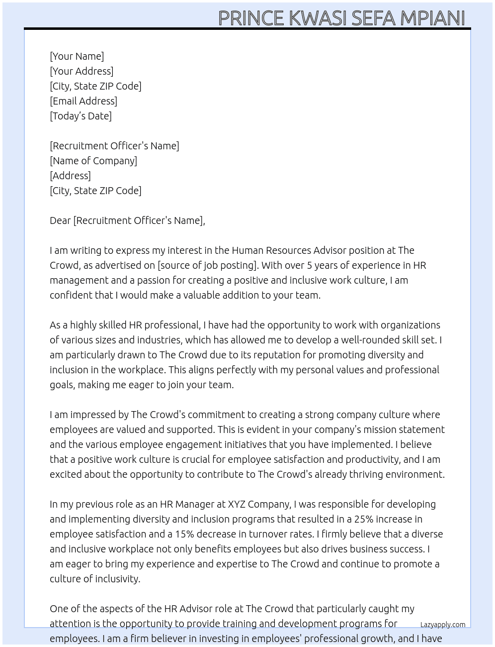 HR advisor At The Crowd Cover Letter