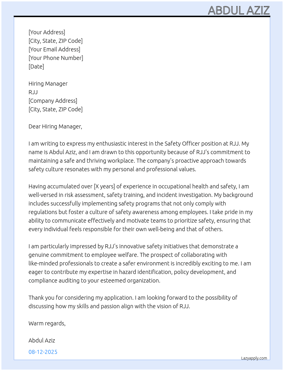 Safety officer  At RJJ Cover Letter