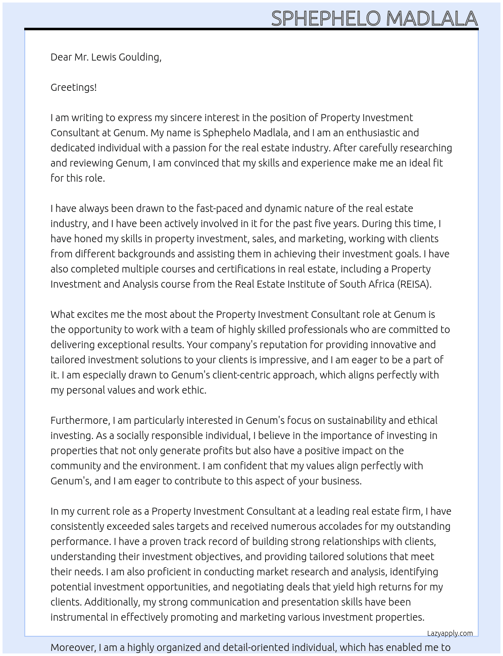 Porperty Investment Consultant  At Genum Cover Letter