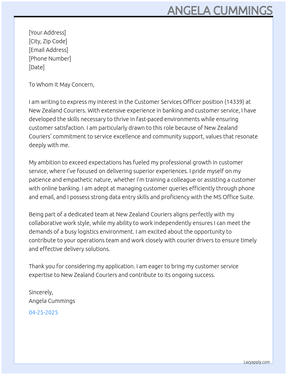 Customer Services Officer (14339) At New Zealand Couriers Cover Letter