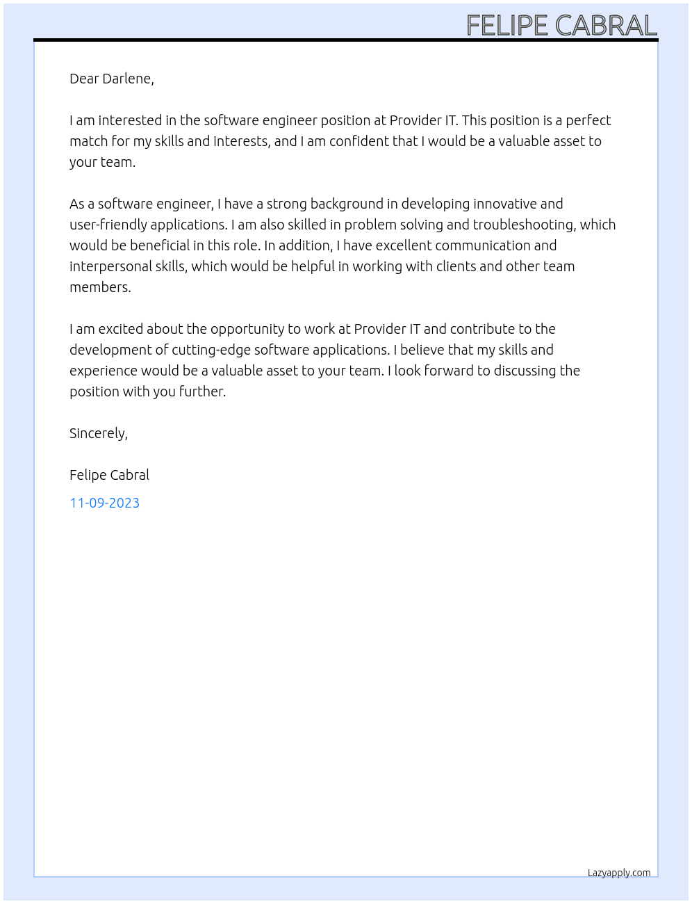 Software Enginner At  Provider IT. Cover Letter