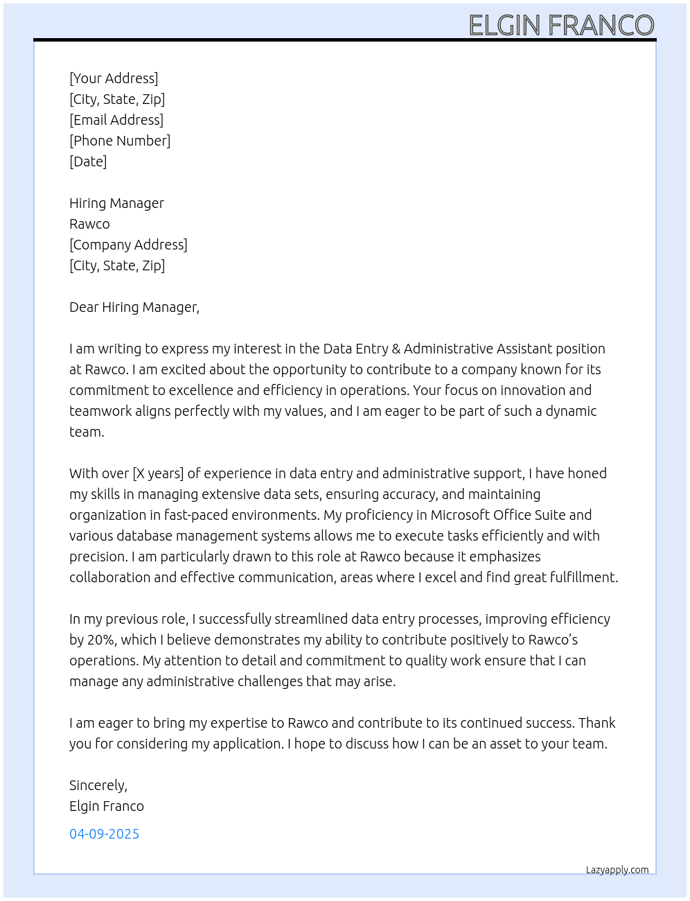 Data Entry & Administrative Assistant At Rawco Cover Letter