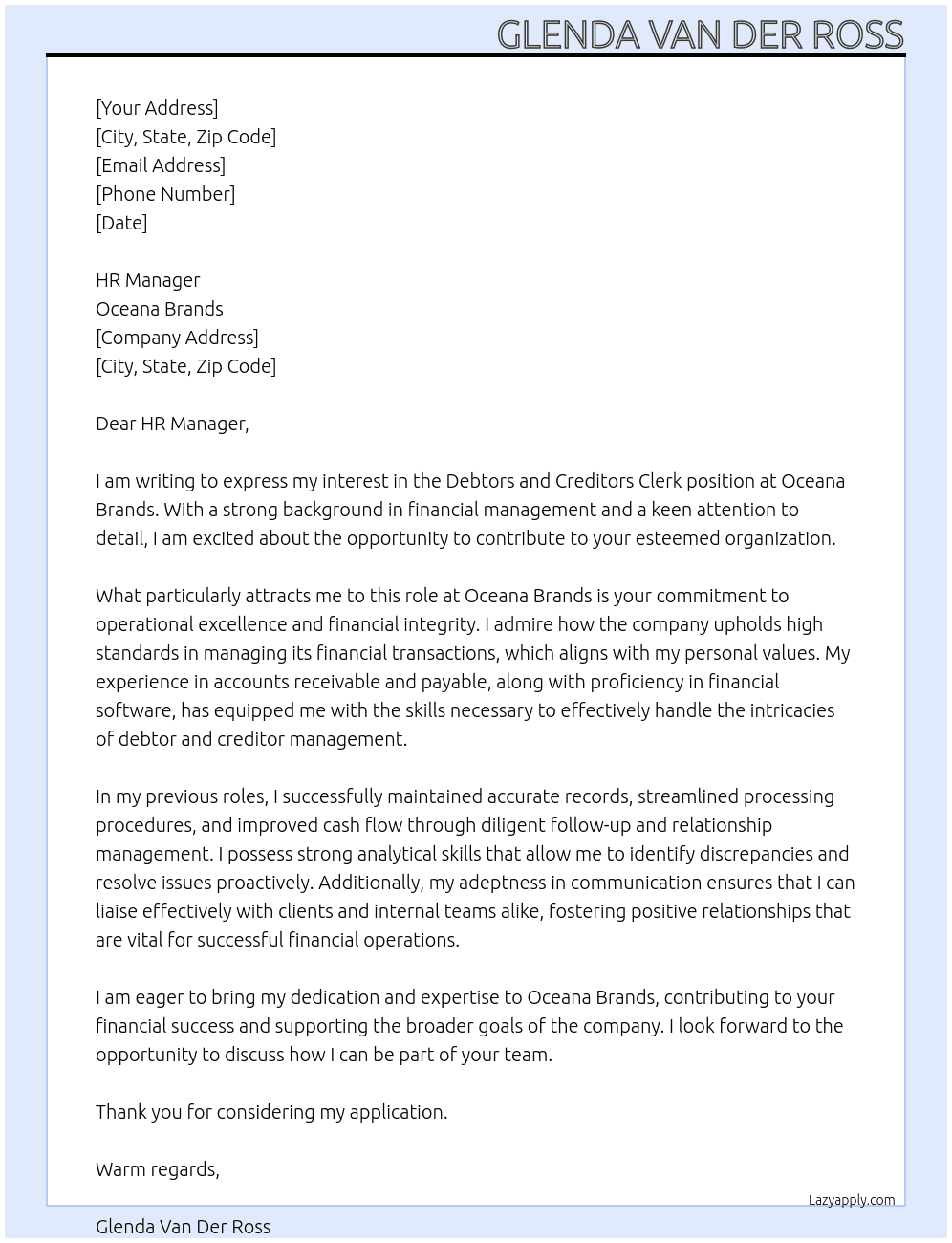 Debtors and Creditors Clerk At Oceana Brands Cover Letter