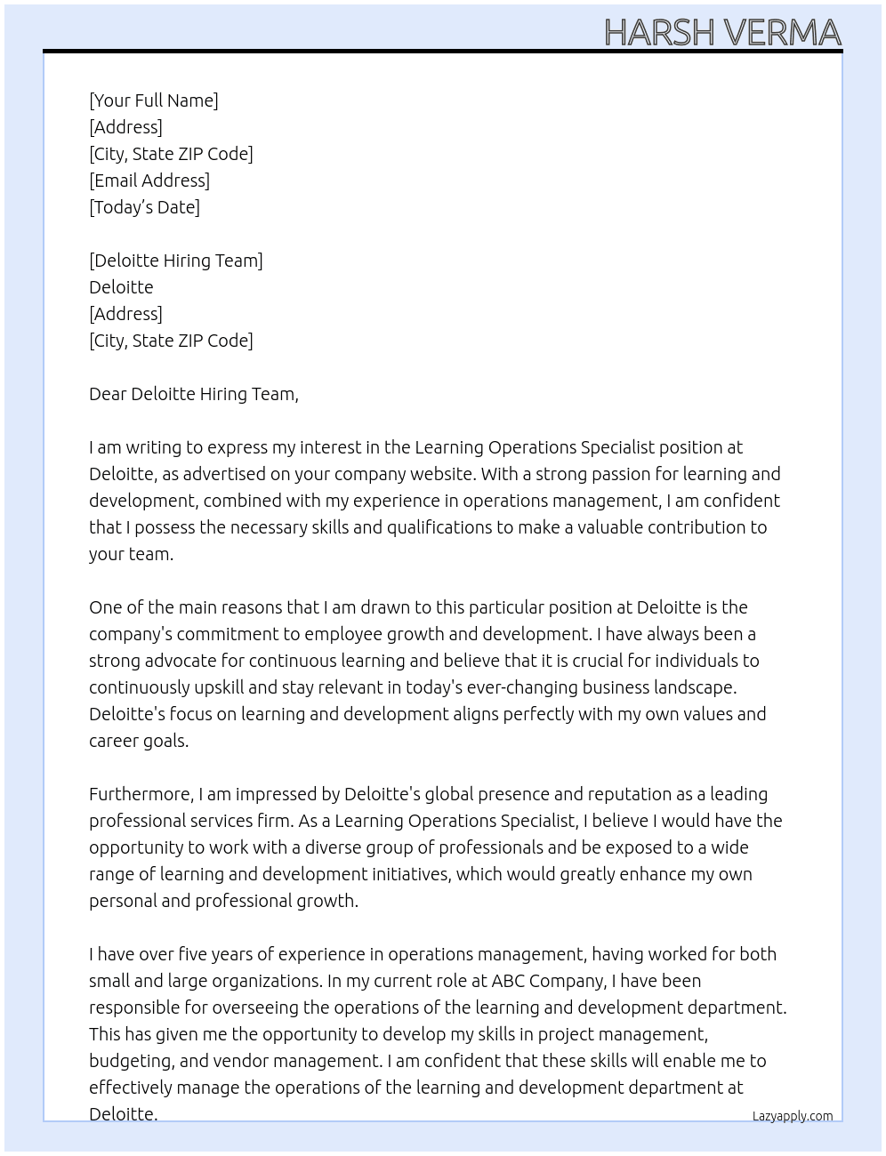 Learning Operations Specialist At Deloitte Cover Letter