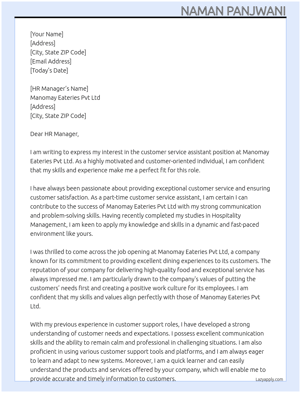 customer service assistant At Manomay Eateries Pvt Ltd Cover Letter
