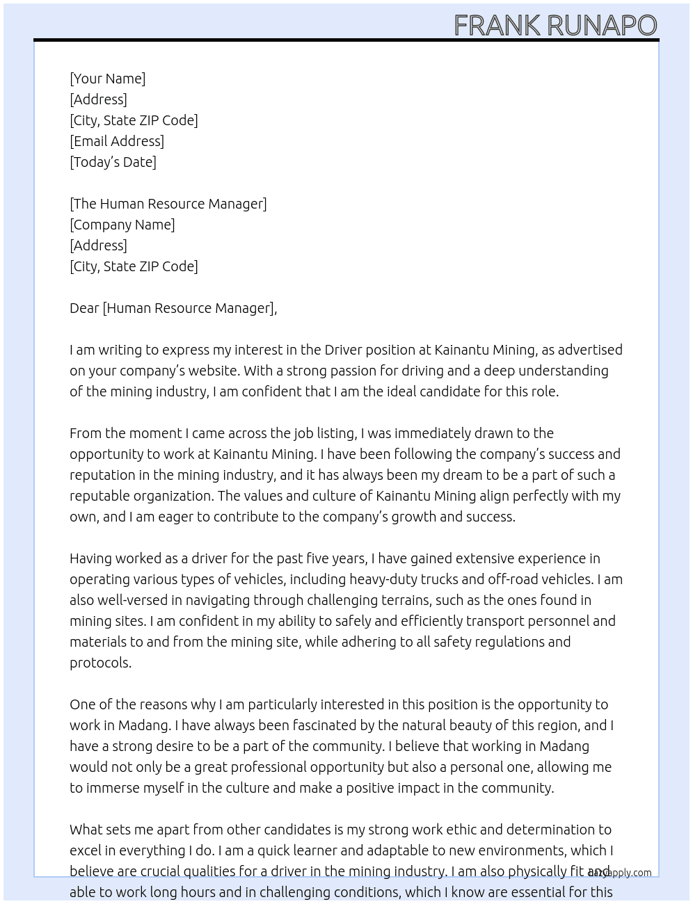 Driver -Mining Site At Kainantu Mining  Cover Letter