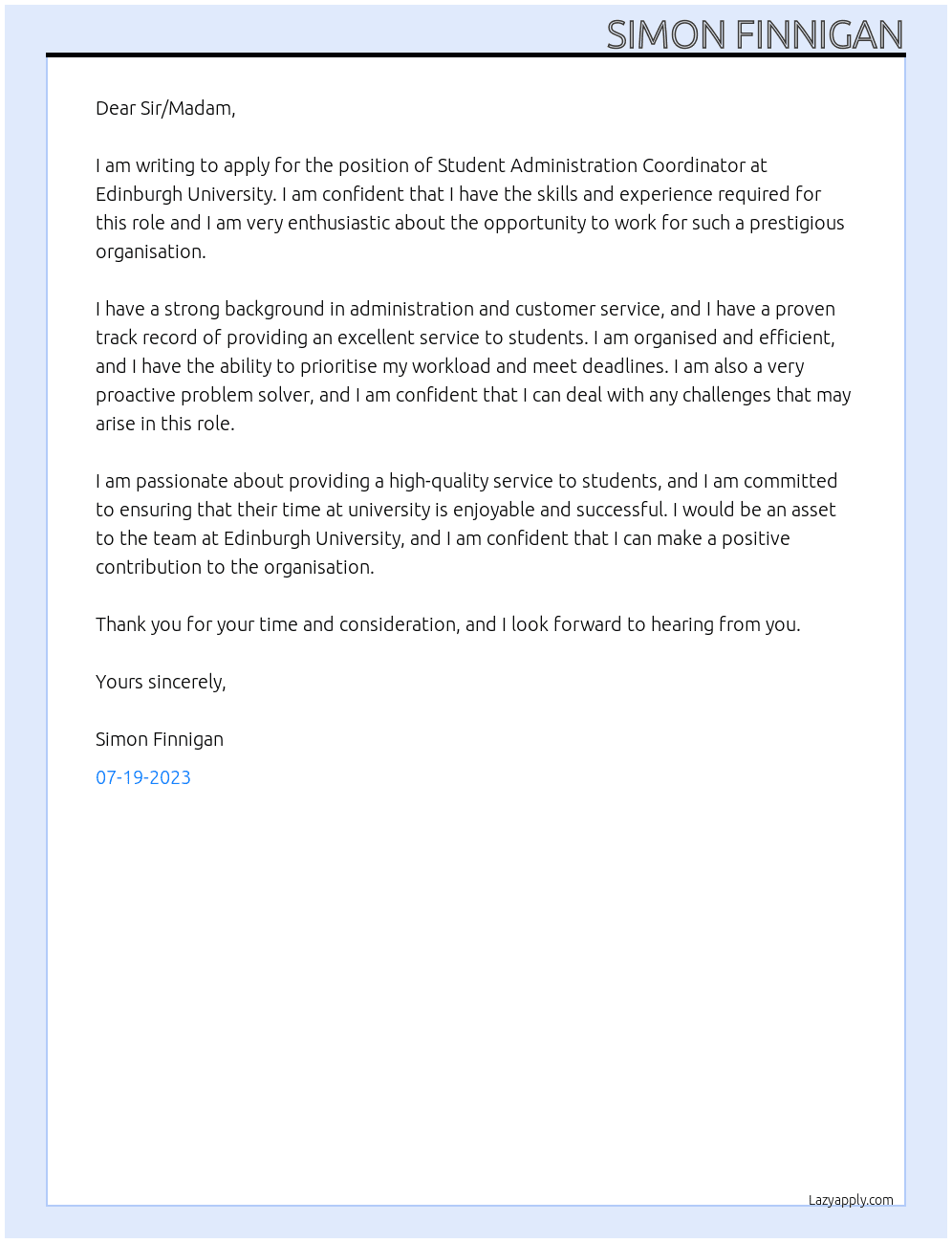 Student Administration Coordinator At Edinburgh University Cover Letter