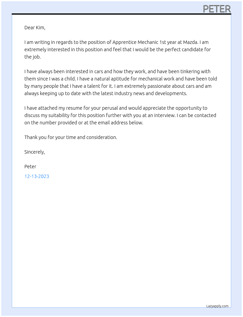 Apprentice Mechanic 1st year At Mazda Cover Letter