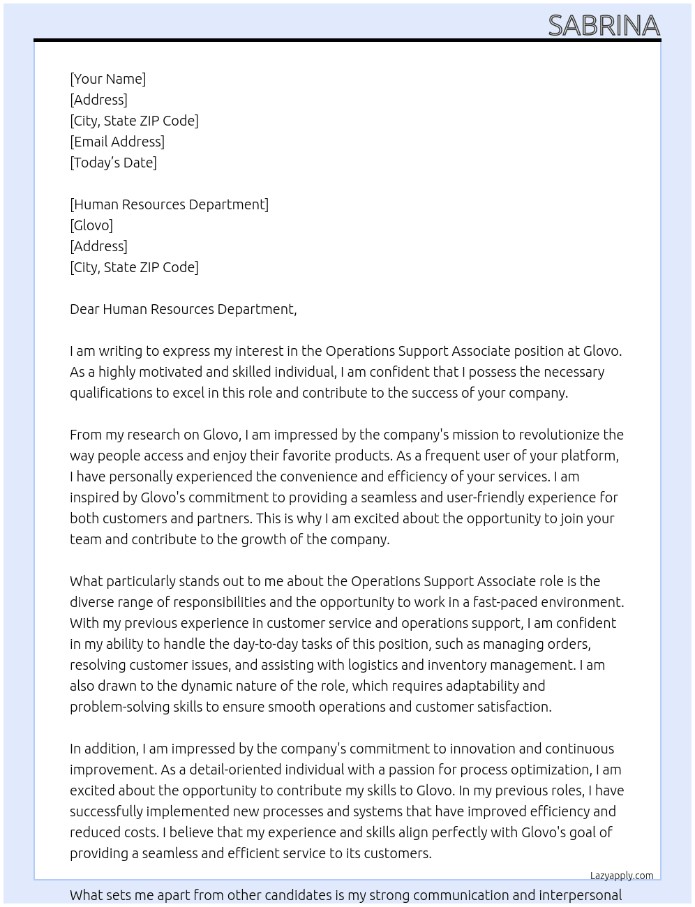 Operations support associate At Glovo Cover Letter