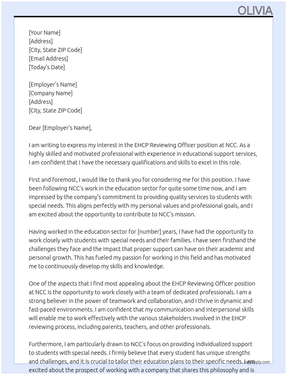 EHCP Reviewing officer At ncc Cover Letter