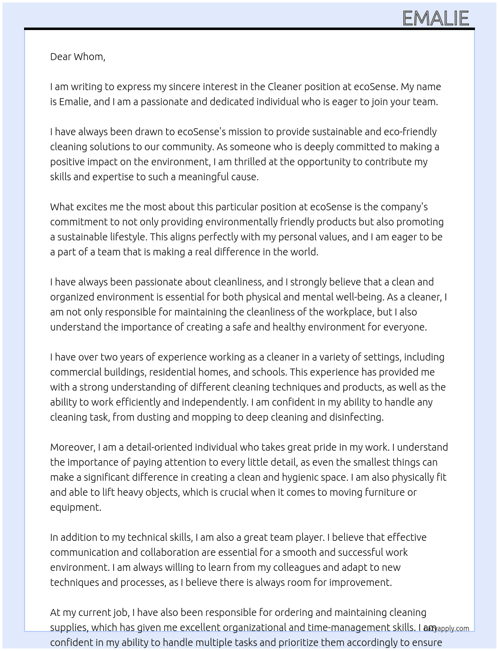 Cleaner At ecoSense  Cover Letter