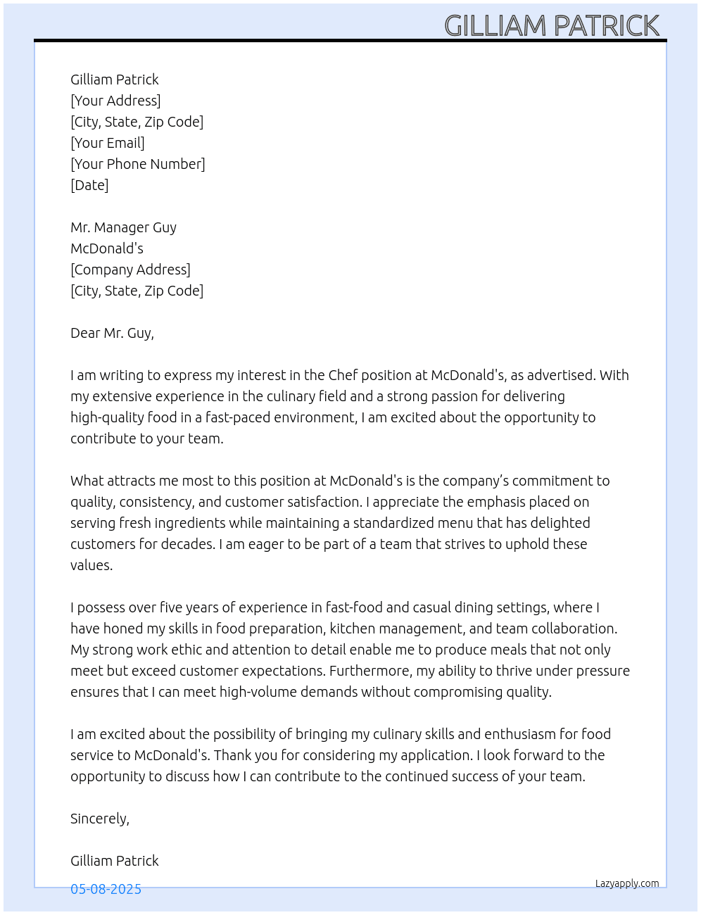 Mac Donald's Chef At Mac Donald's  Cover Letter
