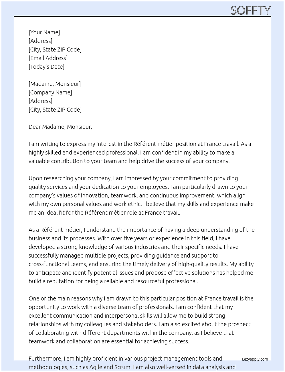 Référent métier  At France travail  Cover Letter