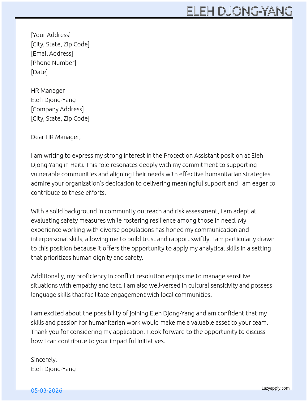 Cover letter for protection assistant - LazyApply