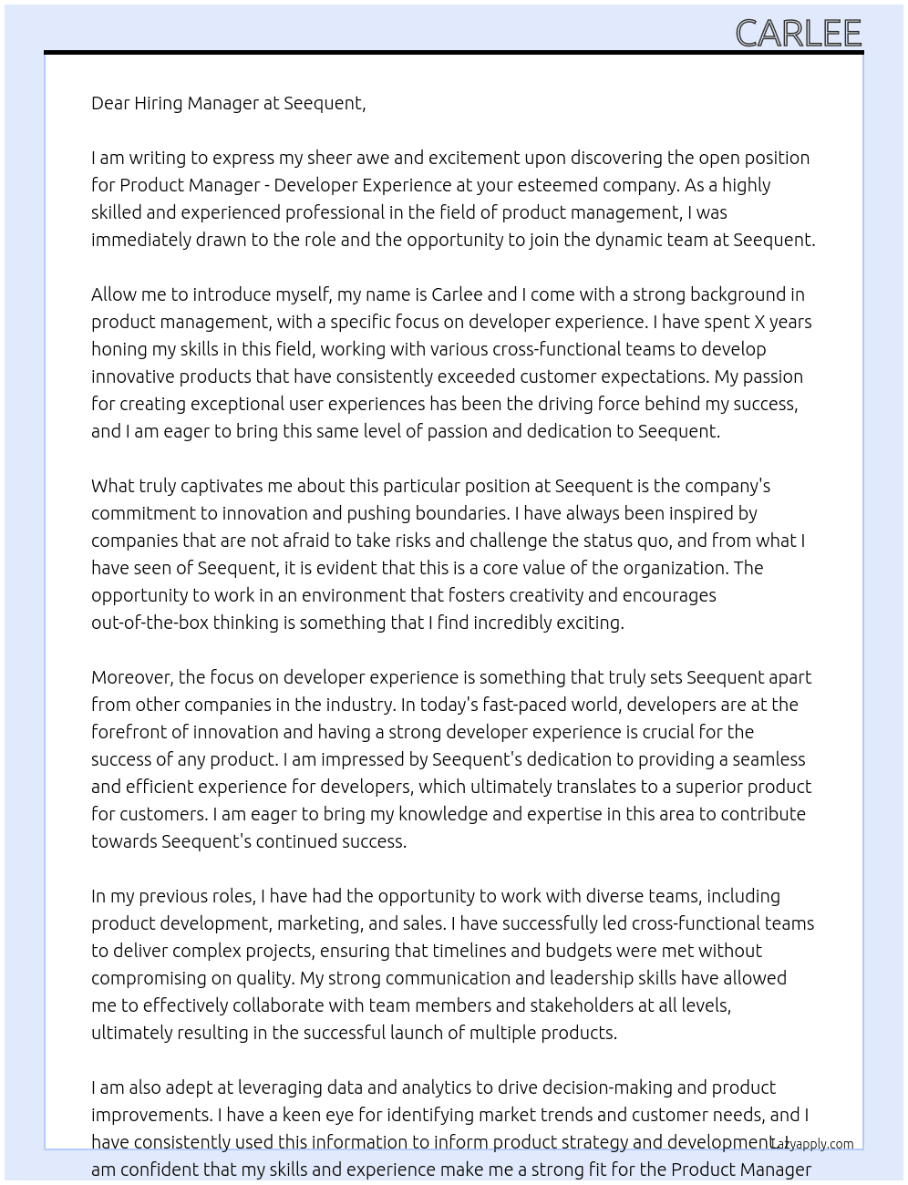 Product Manager - Developer Experience At Seequent Cover Letter