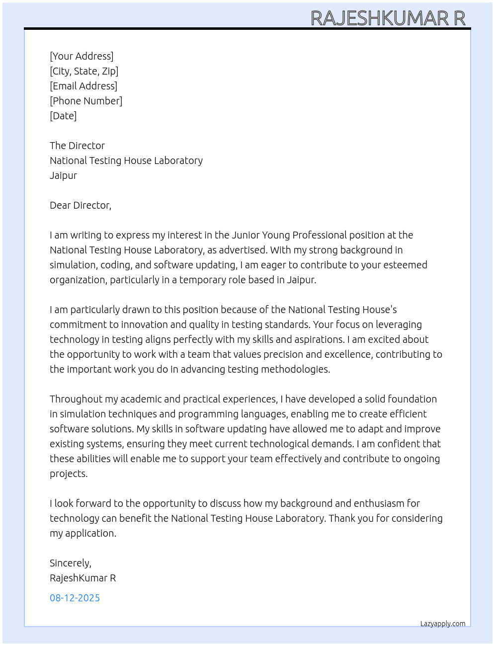 Cover letter for junior young professional - LazyApply