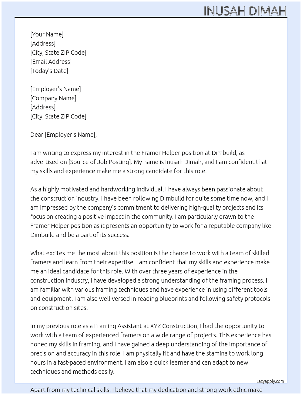 Framer helper At Dimbuild Cover Letter