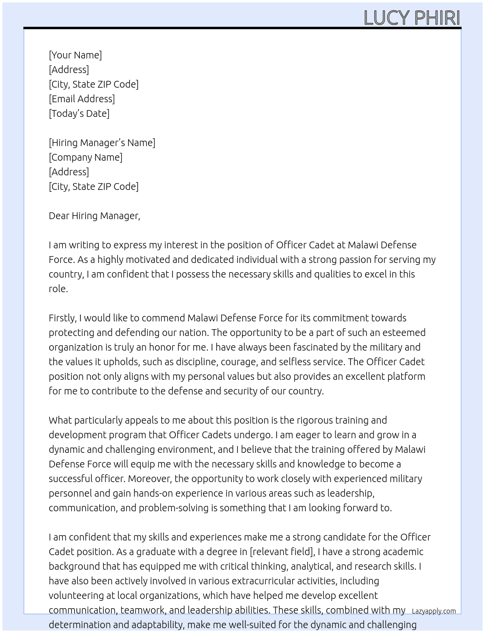 Officer cadet At Malawi Defense force  Cover Letter